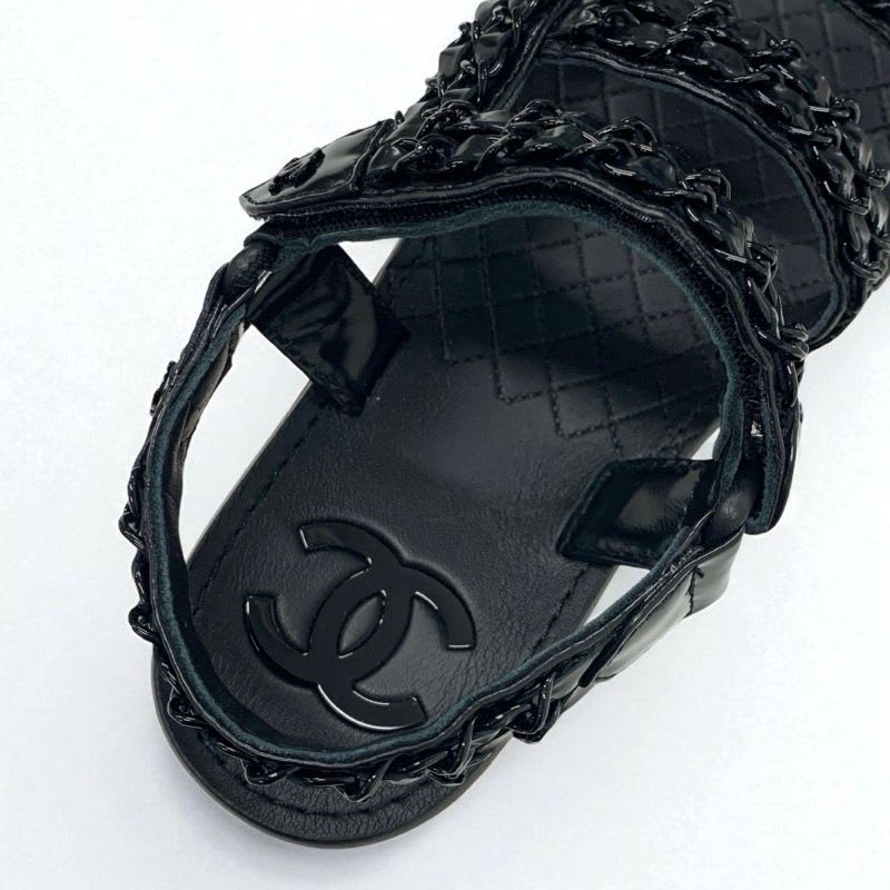 Chanel Sandals Shoes Leather Black Here Mark Chain Velcro