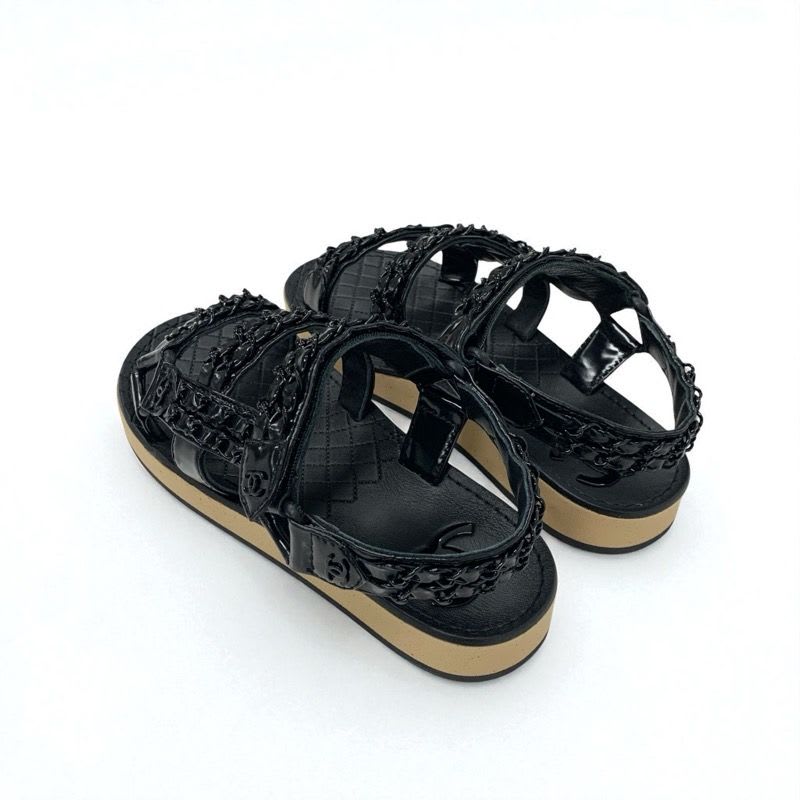 Chanel Sandals Shoes Leather Black Here Mark Chain Velcro