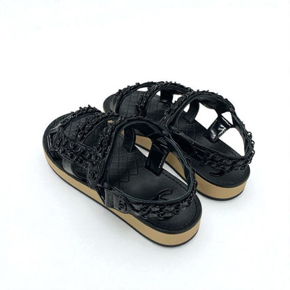 Chanel Sandals Shoes Leather Black Here Mark Chain Velcro