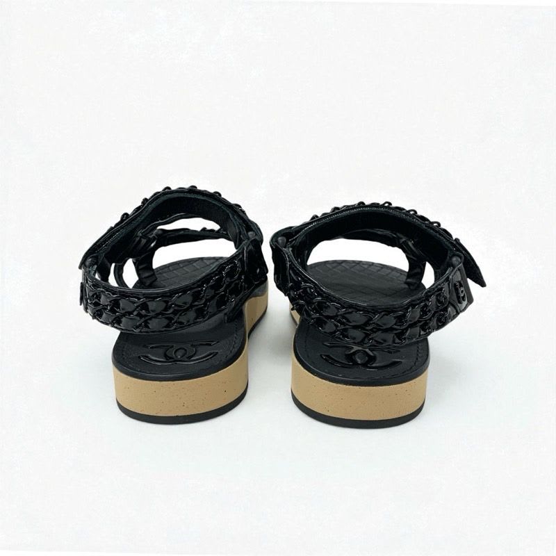 Chanel Sandals Shoes Leather Black Here Mark Chain Velcro