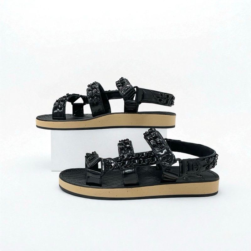 Chanel Sandals Shoes Leather Black Here Mark Chain Velcro