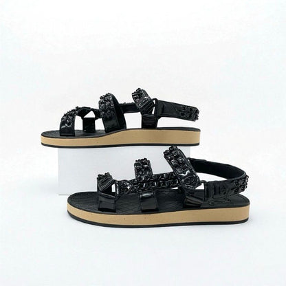 Chanel Sandals Shoes Leather Black Here Mark Chain Velcro