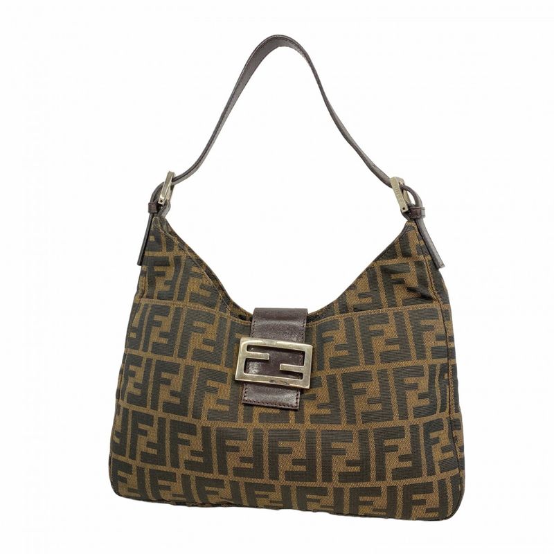 Fendi Handbag Zucca Nylon Canvas Brown Silver Hardware Women