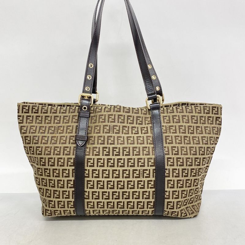 Fendi Tote Bag Zucchino Nylon Canvas Beige Brown Chien Pan Gold Hardware Women's