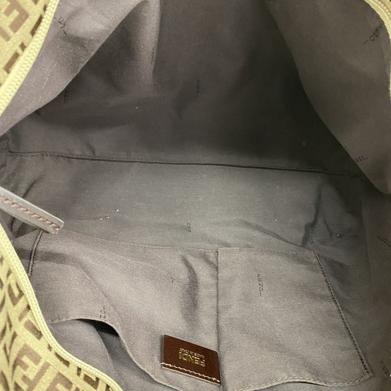 Fendi Tote Bag Zucchino Nylon Canvas Beige Brown Chien Pan Gold Hardware Women's