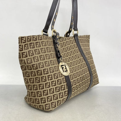 Fendi Tote Bag Zucchino Nylon Canvas Beige Brown Chien Pan Gold Hardware Women's