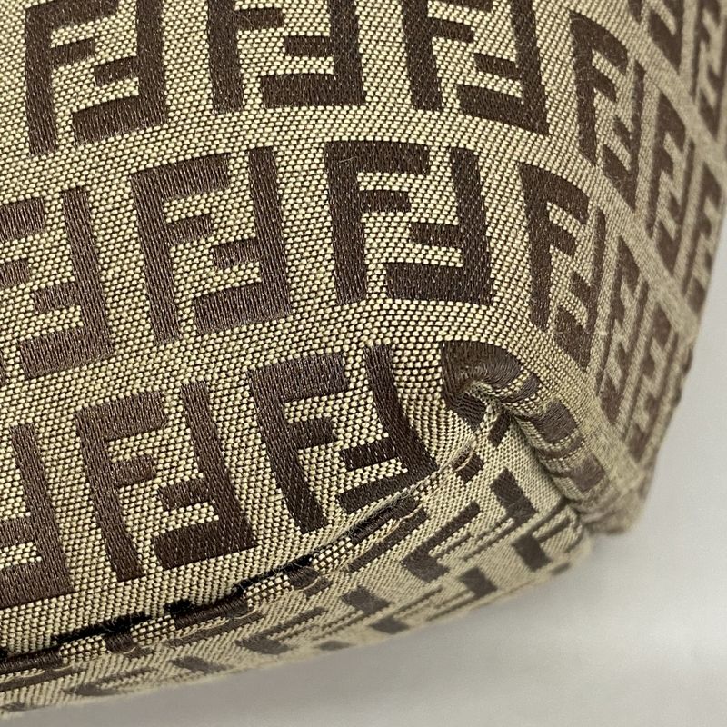 Fendi Tote Bag Zucchino Nylon Canvas Beige Brown Chien Pan Gold Hardware Women's