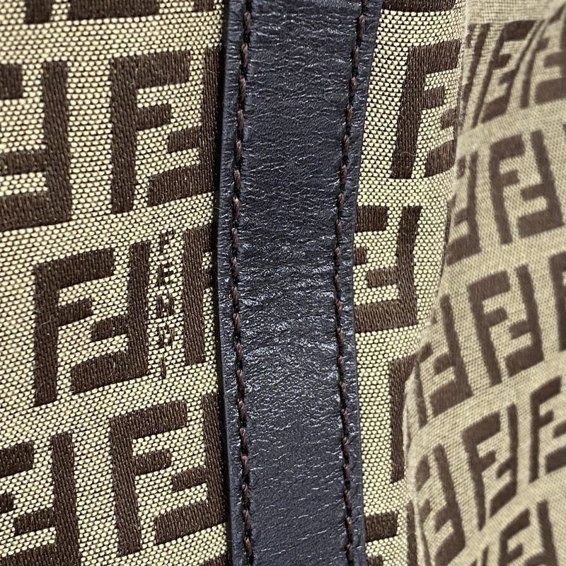 Fendi Tote Bag Zucchino Nylon Canvas Beige Brown Chien Pan Gold Hardware Women's