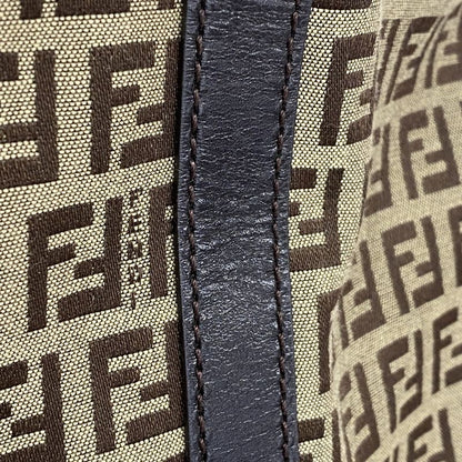 Fendi Tote Bag Zucchino Nylon Canvas Beige Brown Chien Pan Gold Hardware Women's