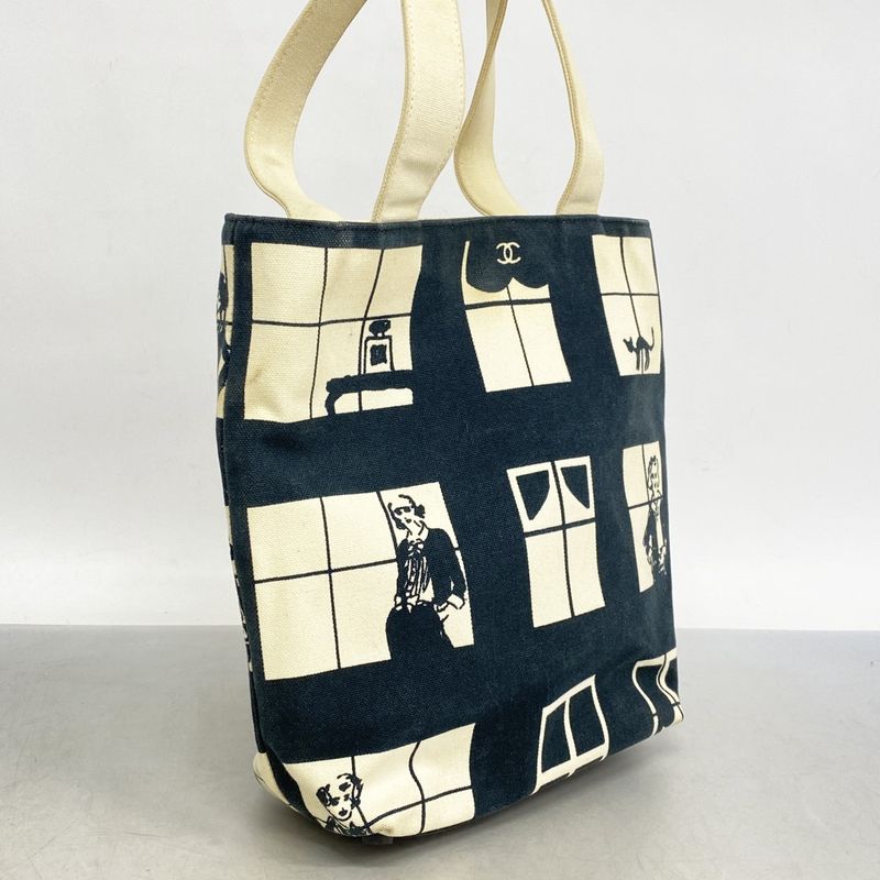 Chanel Tote Bag Windows Canvas Black White Chien Pan Gold Hardware Women's