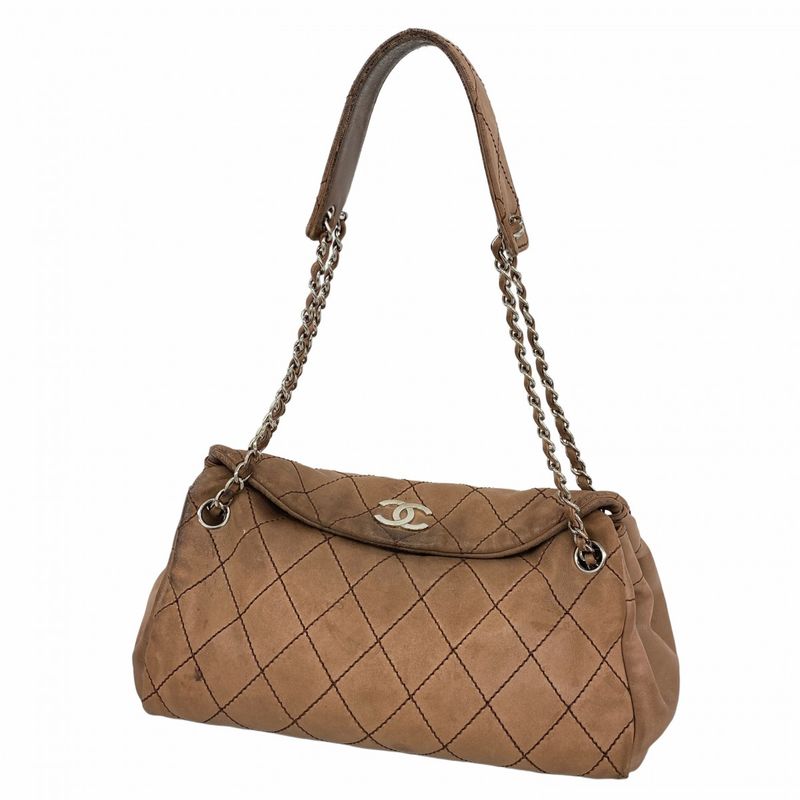 Chanel Shoulder Bag Matelasse Sparkle Leather Brown Silver Hardware Women