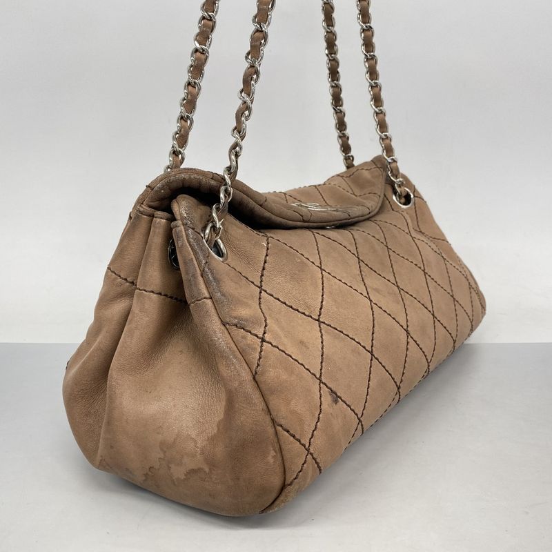 Chanel Shoulder Bag Matelasse Sparkle Leather Brown Silver Hardware Women