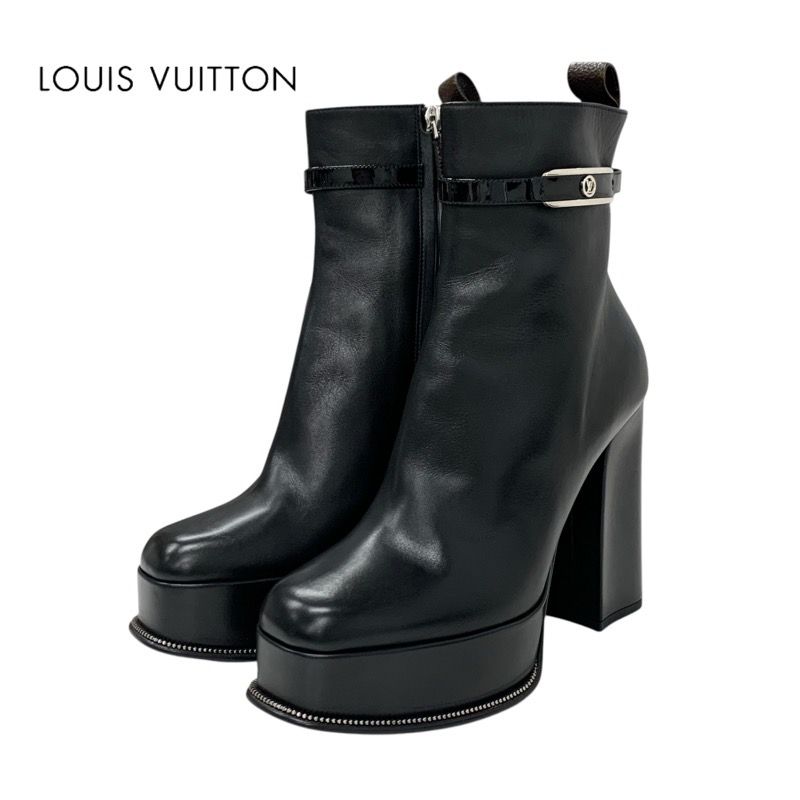 Louis Vuitton Fameline Monogram Boots Short Boots Shoes Leather Patent Black