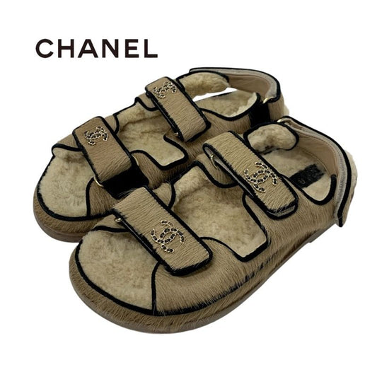 Chanel Sandals Shoes Haraco Mouton Beige Black Gold Coco Mark Chain Strap Flat