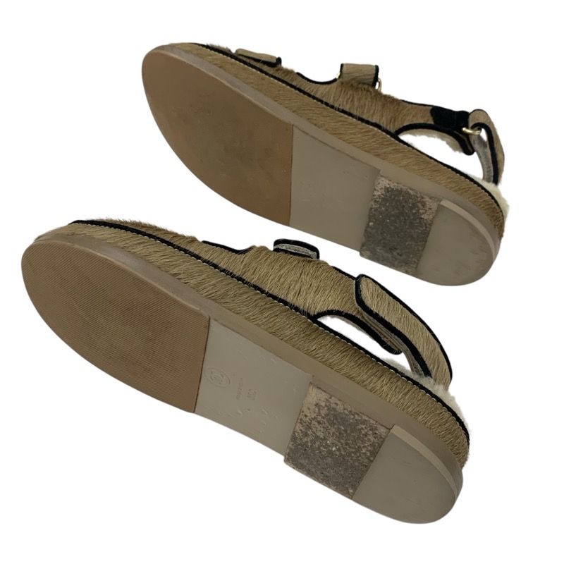 Chanel Sandals Shoes Haraco Mouton Beige Black Gold Coco Mark Chain Strap Flat