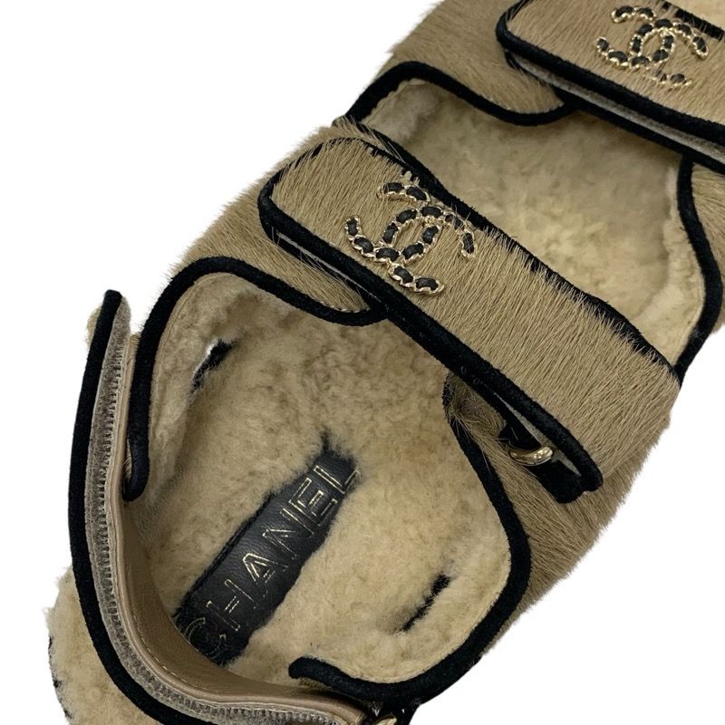 Chanel Sandals Shoes Haraco Mouton Beige Black Gold Coco Mark Chain Strap Flat