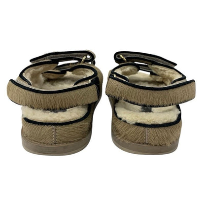 Chanel Sandals Shoes Haraco Mouton Beige Black Gold Coco Mark Chain Strap Flat