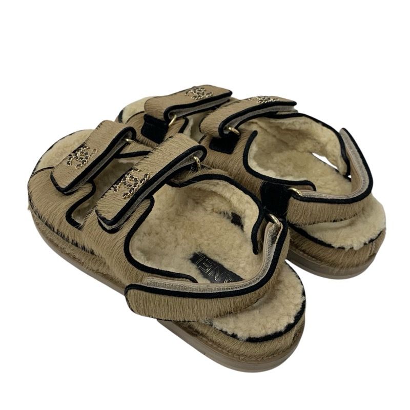 Chanel Sandals Shoes Haraco Mouton Beige Black Gold Coco Mark Chain Strap Flat
