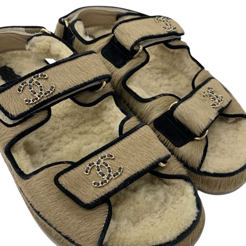 Chanel Sandals Shoes Haraco Mouton Beige Black Gold Coco Mark Chain Strap Flat