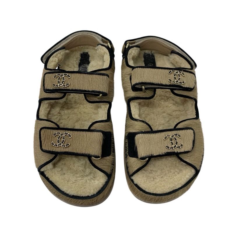 Chanel Sandals Shoes Haraco Mouton Beige Black Gold Coco Mark Chain Strap Flat