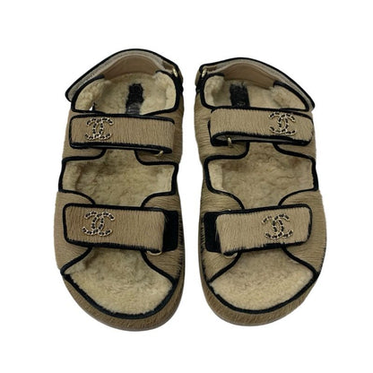 Chanel Sandals Shoes Haraco Mouton Beige Black Gold Coco Mark Chain Strap Flat