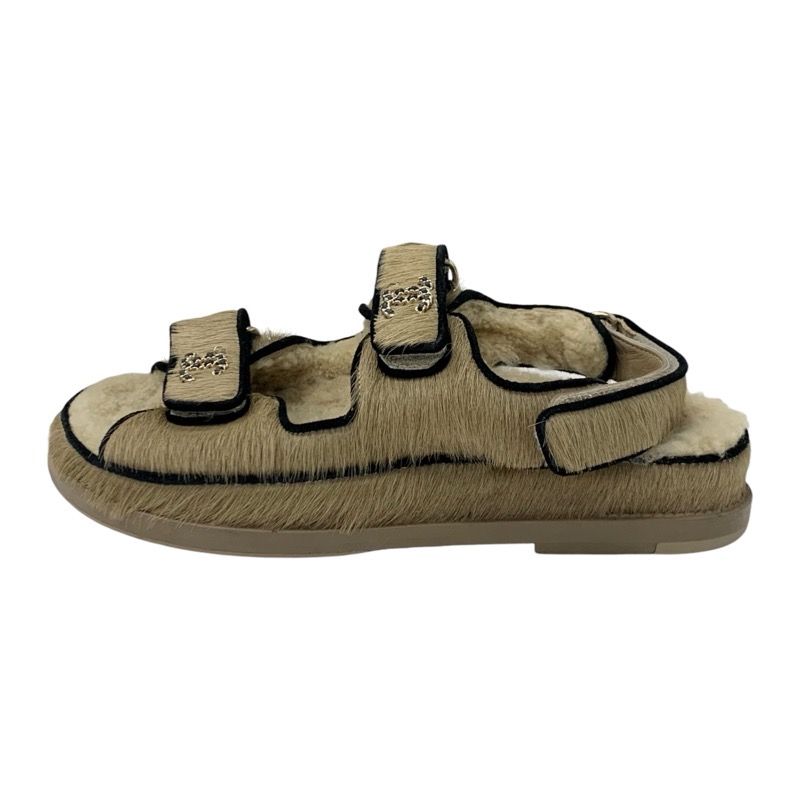 Chanel Sandals Shoes Haraco Mouton Beige Black Gold Coco Mark Chain Strap Flat