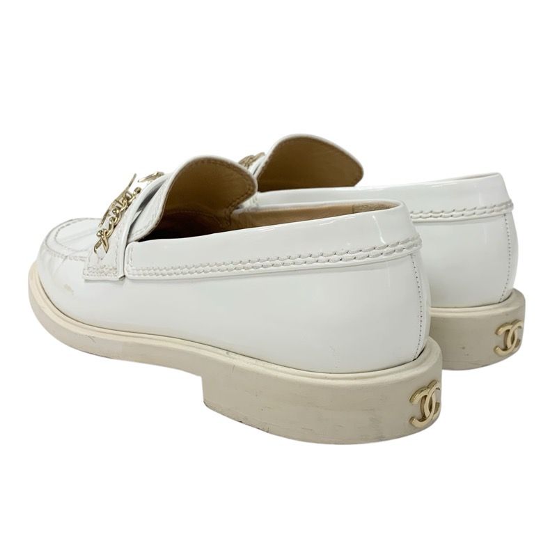 Chanel Loafer Leather Shoes Patent White Gold Logo Here Mark Chain
