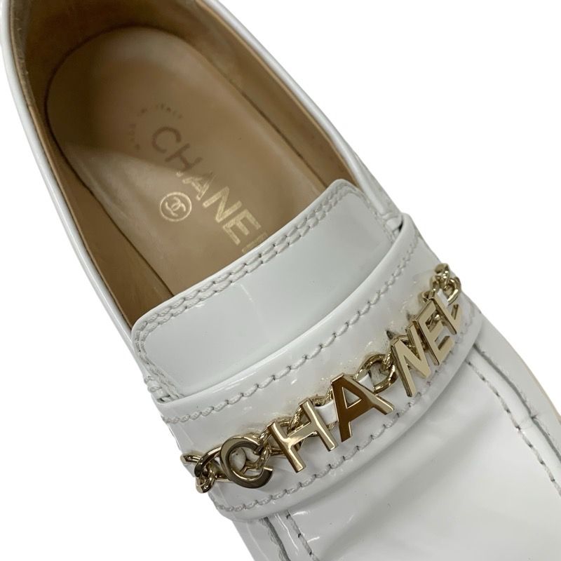 Chanel Loafer Leather Shoes Patent White Gold Logo Here Mark Chain
