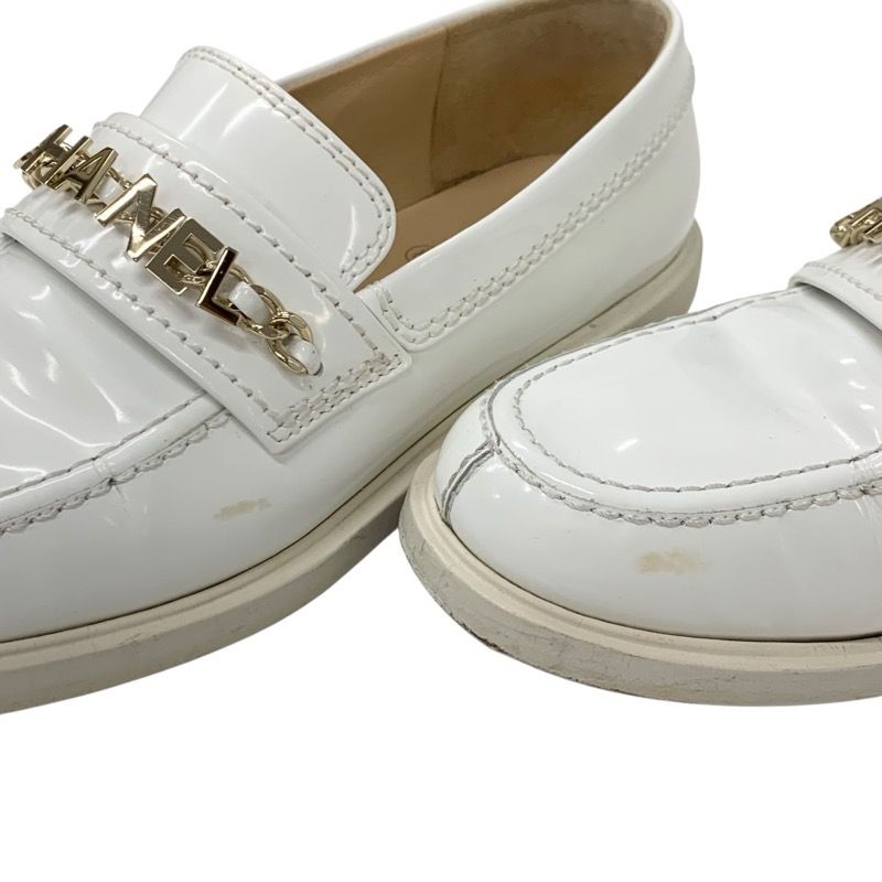 Chanel Loafer Leather Shoes Patent White Gold Logo Here Mark Chain