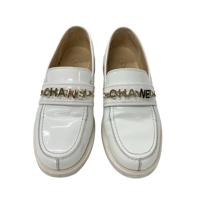 Chanel Loafer Leather Shoes Patent White Gold Logo Here Mark Chain
