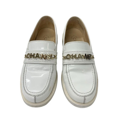 Chanel Loafer Leather Shoes Patent White Gold Logo Here Mark Chain