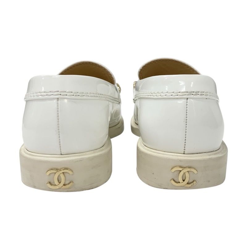 Chanel Loafer Leather Shoes Patent White Gold Logo Here Mark Chain
