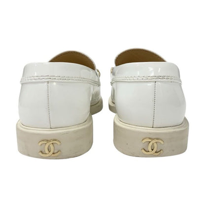 Chanel Loafer Leather Shoes Patent White Gold Logo Here Mark Chain