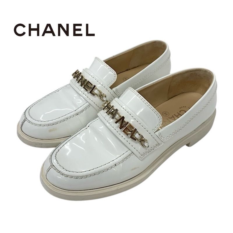 Chanel Loafer Leather Shoes Patent White Gold Logo Here Mark Chain