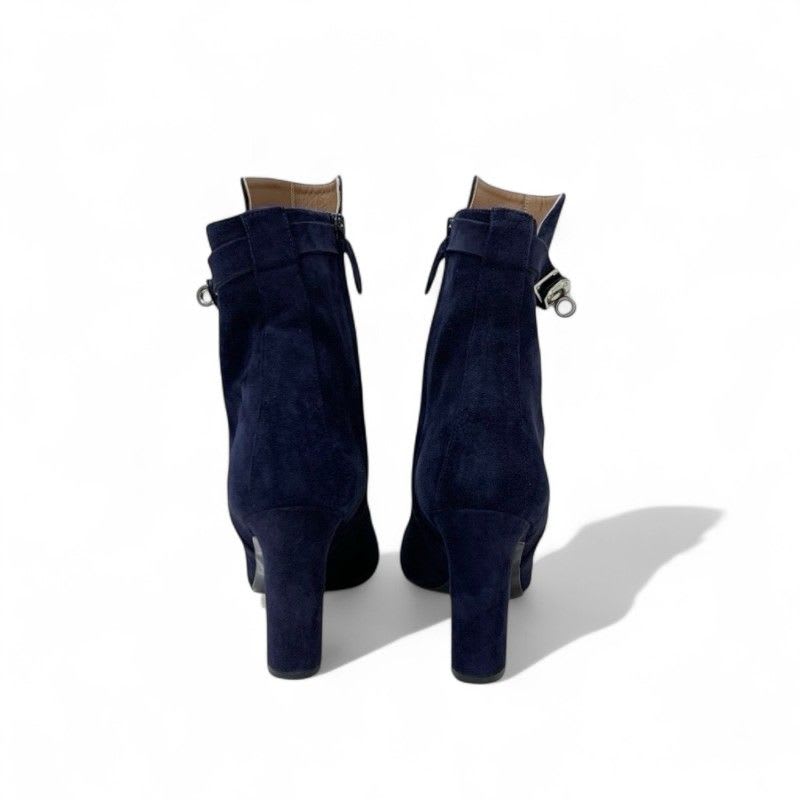 Hermes Boots Short Shoes Suede Navy Silver Kelly Hardware