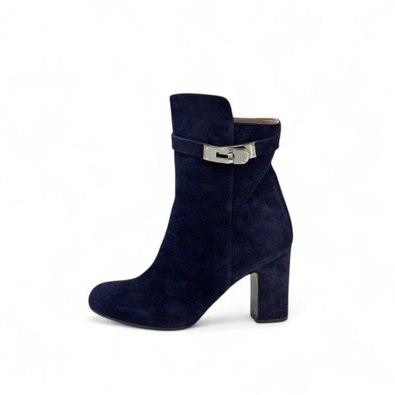 Hermes Boots Short Shoes Suede Navy Silver Kelly Hardware