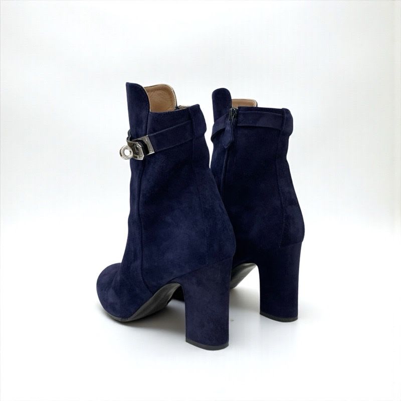 Hermes Boots Short Shoes Suede Navy Silver Kelly Hardware