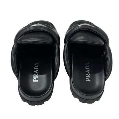 Prada Sandals Shoes Leather Black Triangle Logo Padded Nappa Sabot Mule