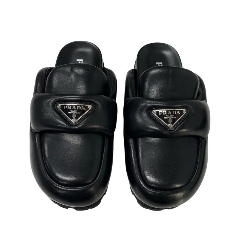 Prada Sandals Shoes Leather Black Triangle Logo Padded Nappa Sabot Mule