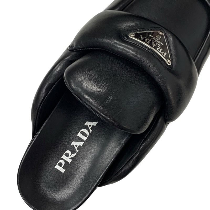 Prada Sandals Shoes Leather Black Triangle Logo Padded Nappa Sabot Mule