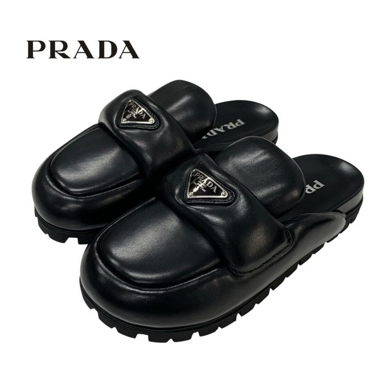 Prada Sandals Shoes Leather Black Triangle Logo Padded Nappa Sabot Mule