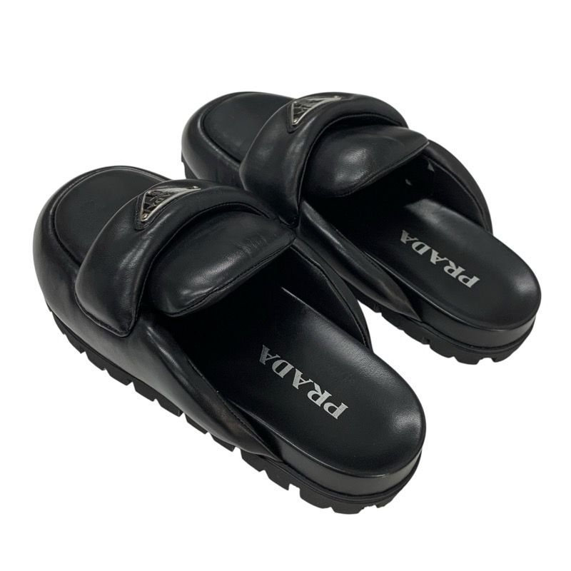 Prada Sandals Shoes Leather Black Triangle Logo Padded Nappa Sabot Mule