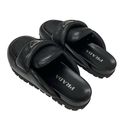 Prada Sandals Shoes Leather Black Triangle Logo Padded Nappa Sabot Mule