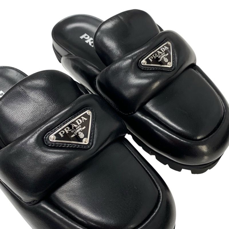 Prada Sandals Shoes Leather Black Triangle Logo Padded Nappa Sabot Mule