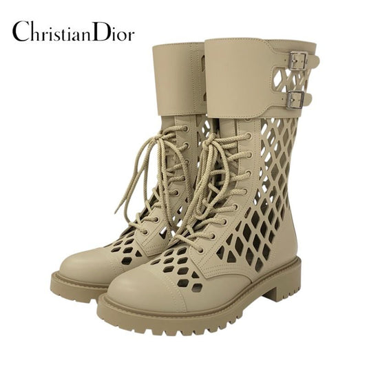 Christian DIOR Boots Long Boots Shoes Leather Beige Unused Mesh Lace-up Medium