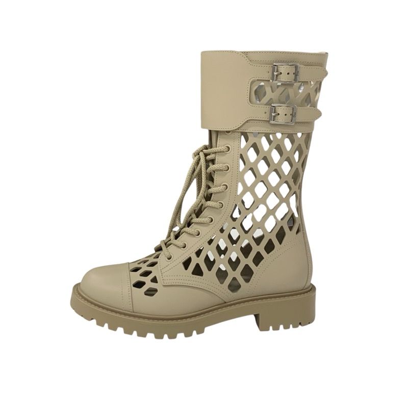 Christian DIOR Boots Long Boots Shoes Leather Beige Unused Mesh Lace-up Medium