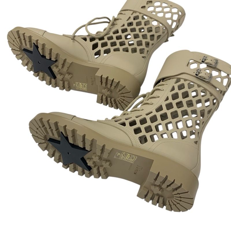 Christian DIOR Boots Long Boots Shoes Leather Beige Unused Mesh Lace-up Medium