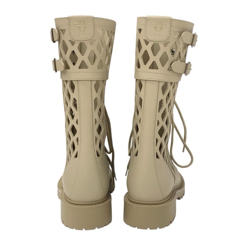 Christian DIOR Boots Long Boots Shoes Leather Beige Unused Mesh Lace-up Medium