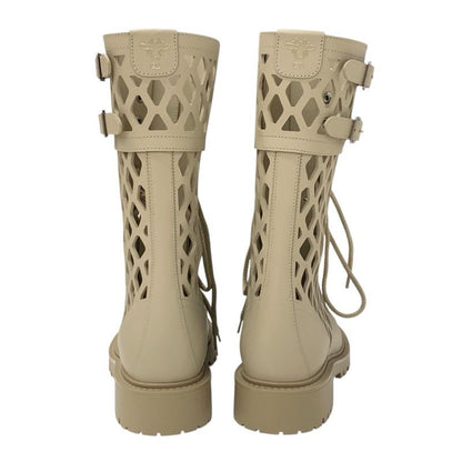 Christian DIOR Boots Long Boots Shoes Leather Beige Unused Mesh Lace-up Medium