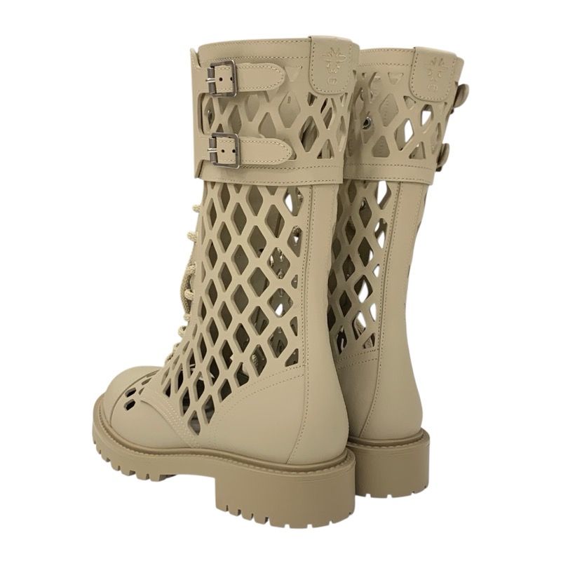 Christian DIOR Boots Long Boots Shoes Leather Beige Unused Mesh Lace-up Medium